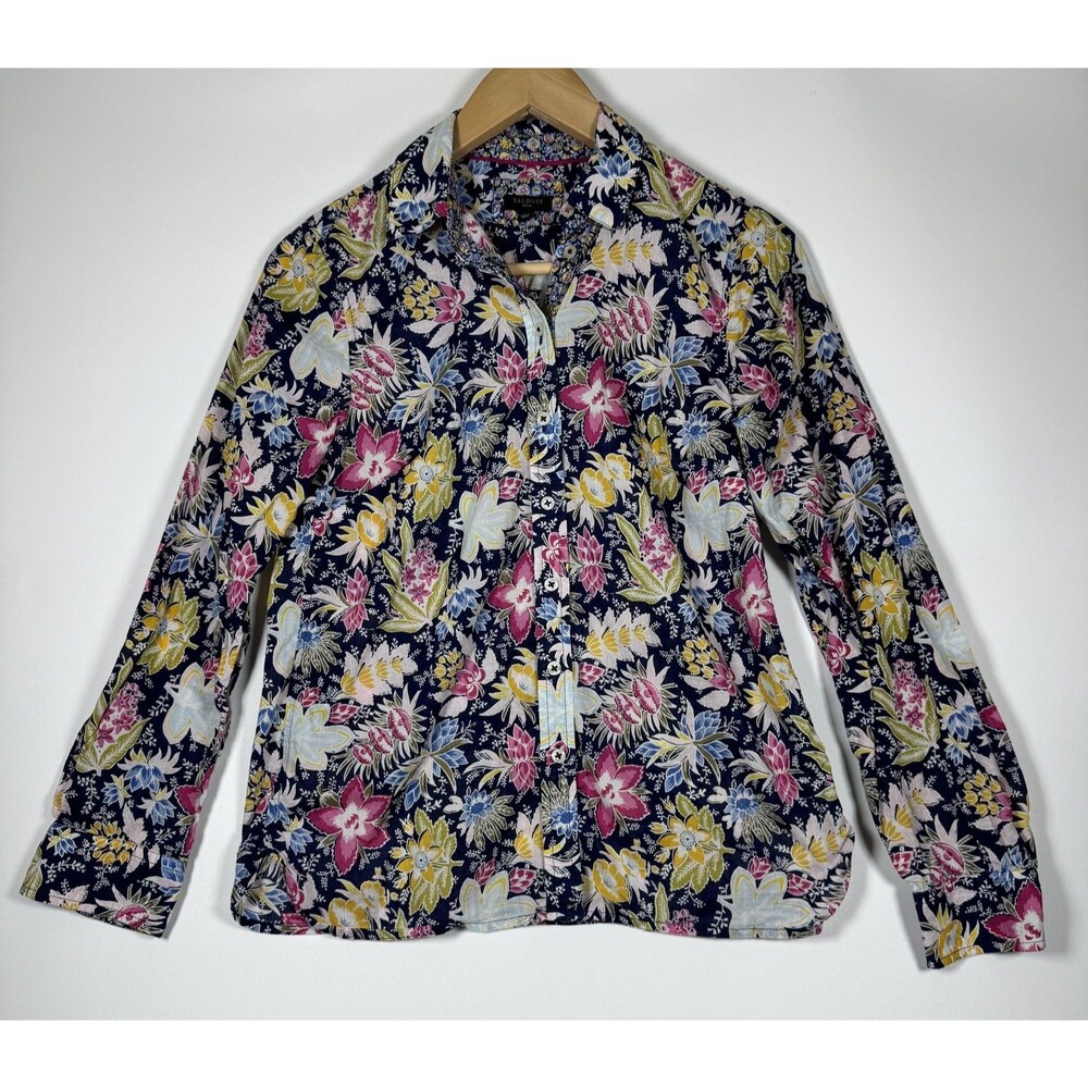 Talbots Shirt Womens Petite Small Navy Floral Button‎ Up Long Sleeve 100% Cotton